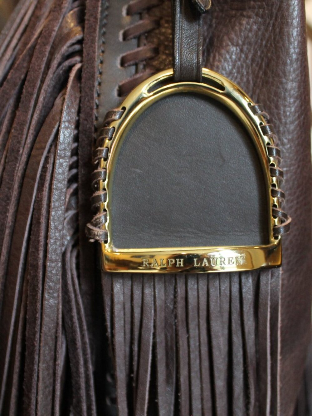 Ralph Lauren leather fringe & whipstitch hobo shoulder bag with stirrup charm - Picture 4 of 15